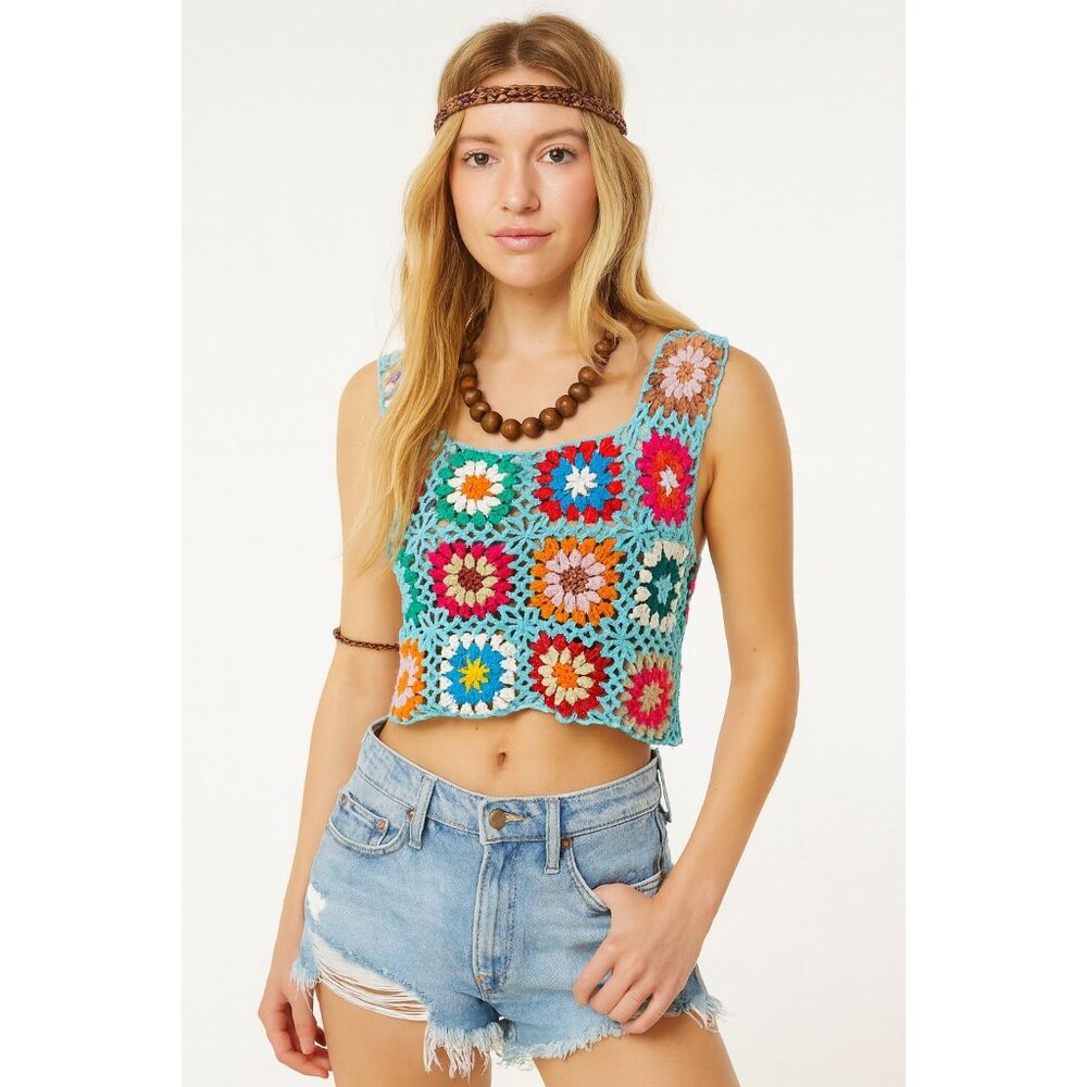 Handmade Boho Hippie 60s Style Le Lis Crochet Floral Patchwork Tank Crop Top M